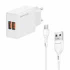 Зарядний пристрій Grand-X 2xUSB 5V 2.4A + cable USB to USB-C white (CH-15WT) U1165278